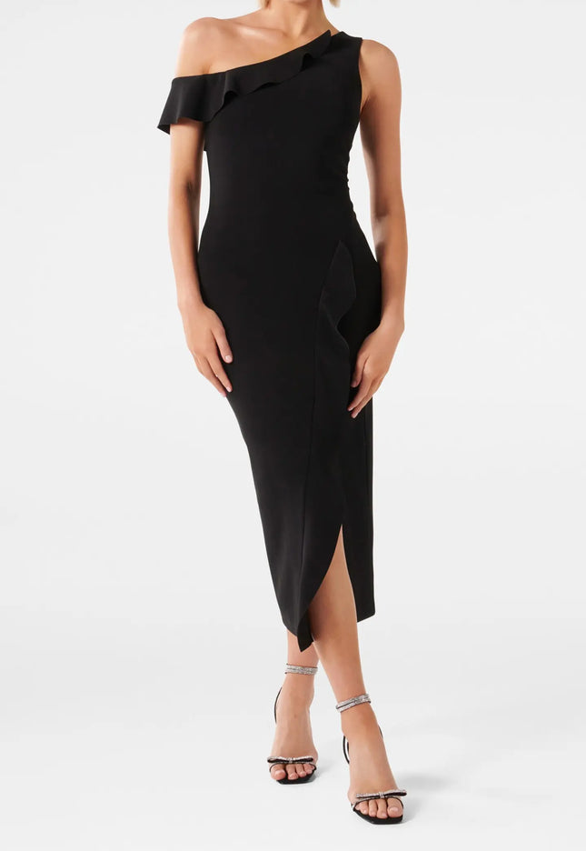 TYRA ONE SHOULDER RUFFLE BODYCON DRESS BLACK