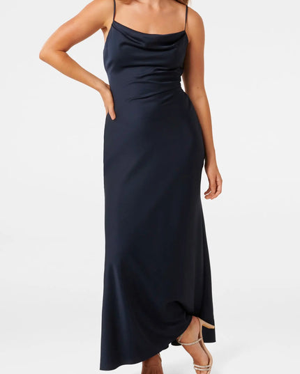 MIA PETITE BOAT NECK SATIN MAXIKLEID MARINEBLAU