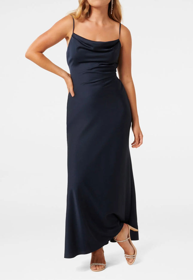 MIA PETITE BOAT NECK SATIN MAXI DRESS NAVY