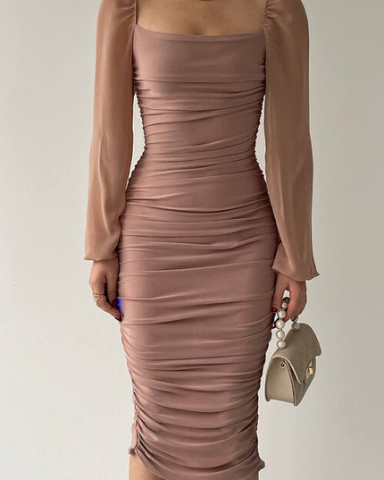 PLEATED MIDI DRESS WITH SEMI-TRANSPARENT SLEEVES