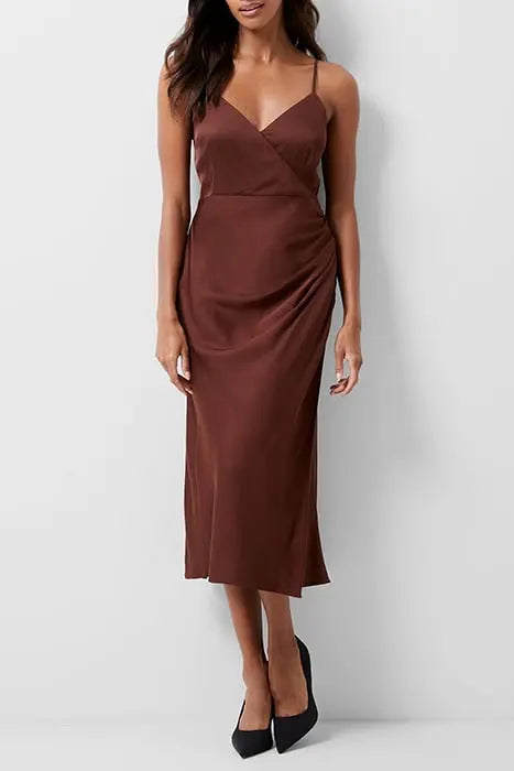 ENNIS SATIN SLIP MIDI DRESS BROWN