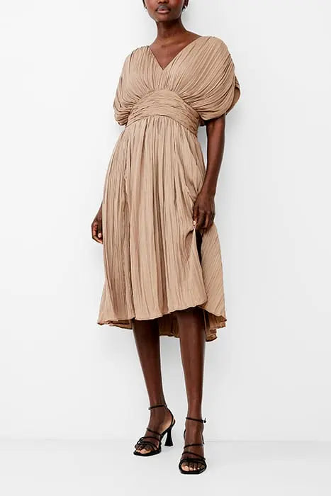 ALTHEA PLEATED V NECK DRESS MOCHA MOUSSE