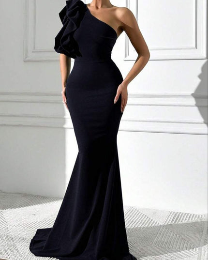 ONE SHOULDER RUFFLE MAXI DRESS