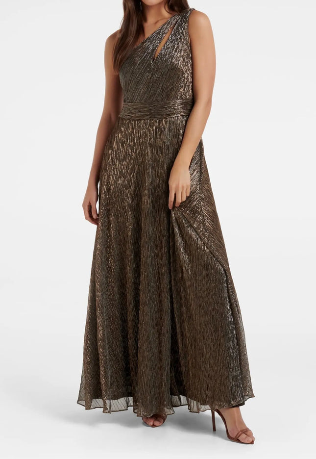 BILLIE ASYMMETRICAL PLISSE MIDI DRESS BRONZE