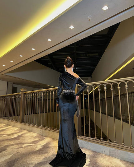 EMBELLISHED OFF SHOULDER VELVET DRESS
