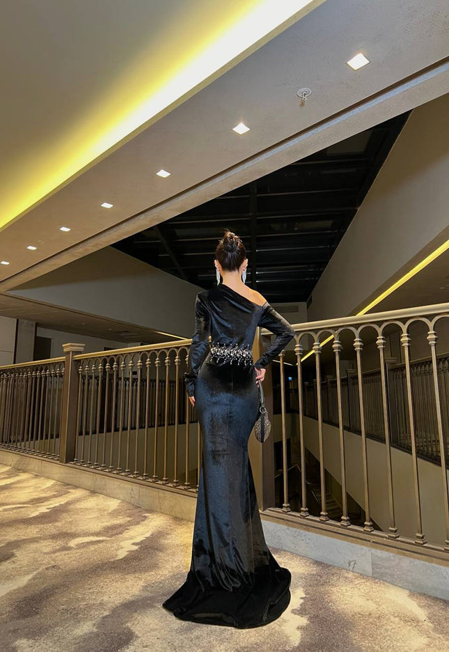 EMBELLISHED OFF SHOULDER VELVET DRESS