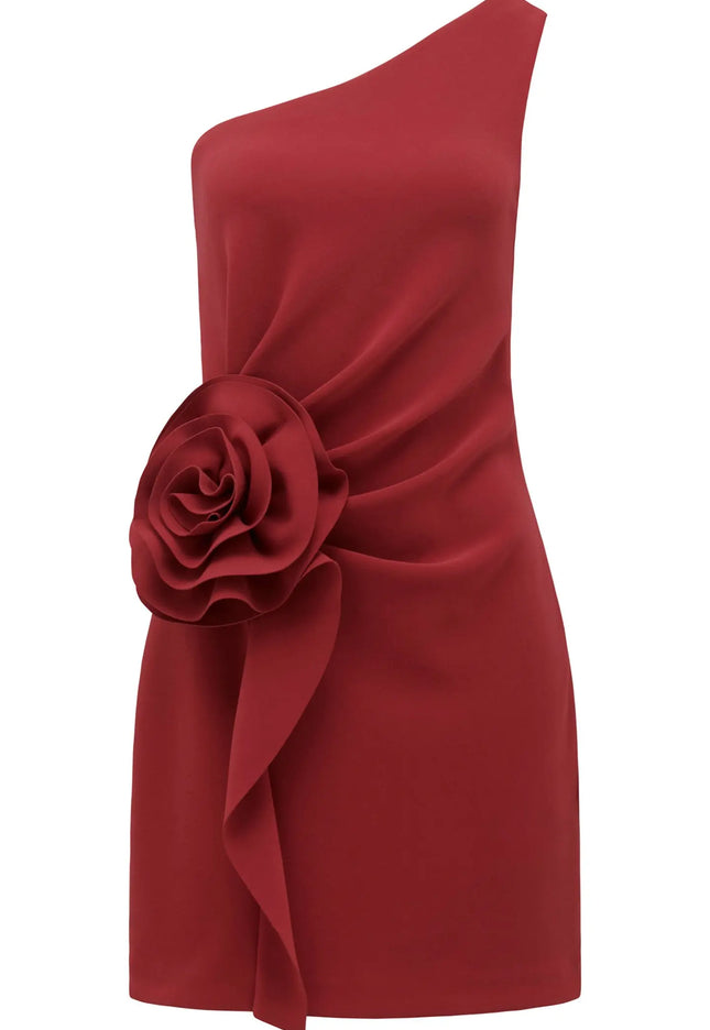 ARABELLA ROSETTE ASYMMETRICAL MINI DRESS RIO RED