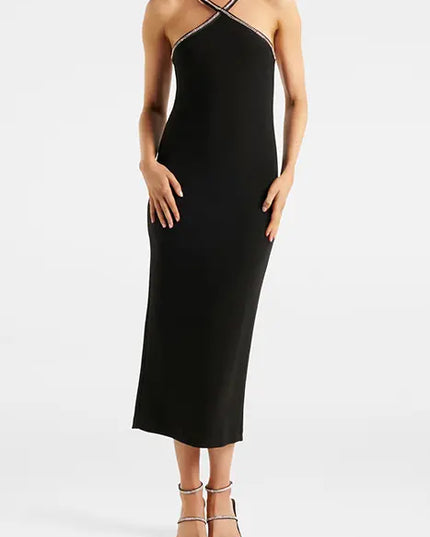 Vestido midi ajustado negro con cuello en flecha GWEN ARROW