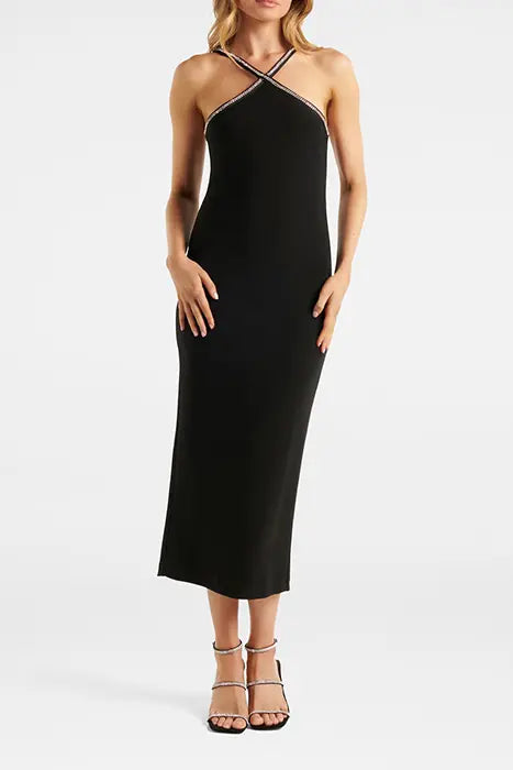 GWEN ARROW NECK TRIM BODYCON MIDI BLACK
