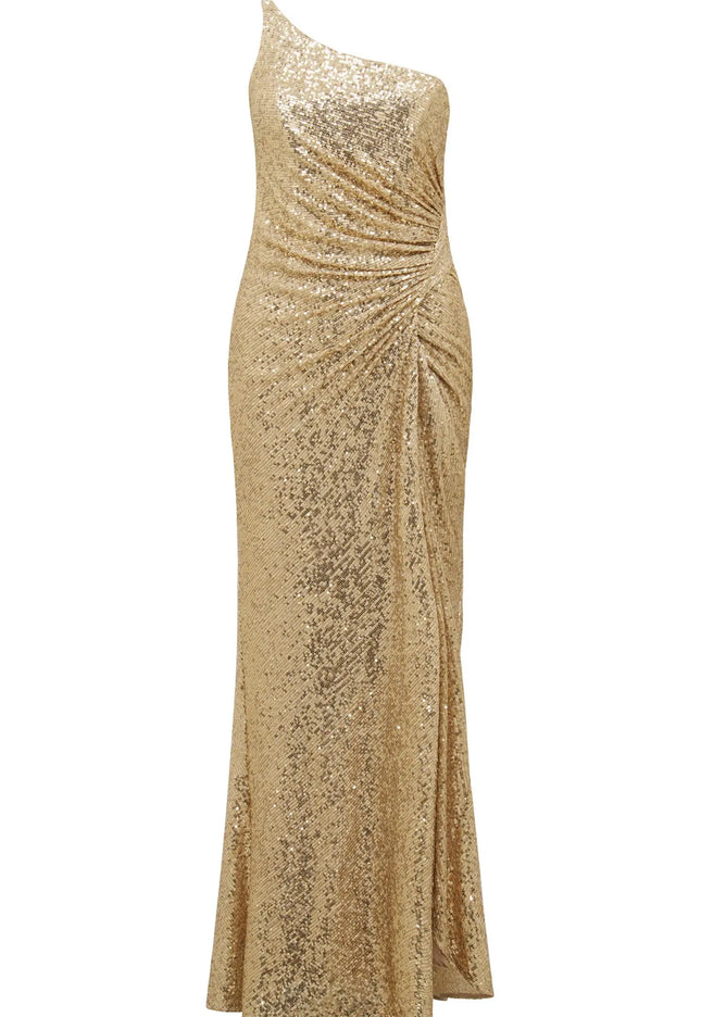 CAROLYN SEQUIN ASYMMETRICAL GOWN SOFT GOLD