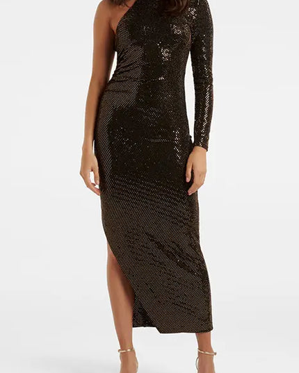 JENNA ONE SLEEVE METALLIC DRESS BLACK AND GOLD SPOT
