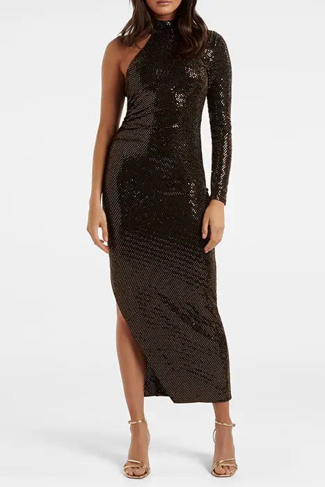 JENNA ONE SLEEVE METALLIC DRESS BLACK AND GOLD SPOT
