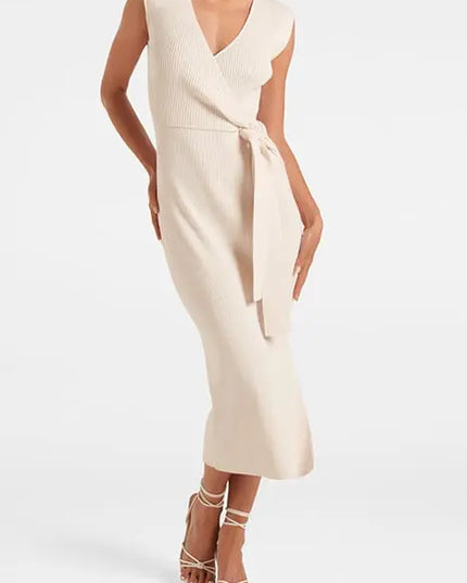 JACINTA EXTENDED SHOULDER HALF WRAP MIDI DRESS CREAM