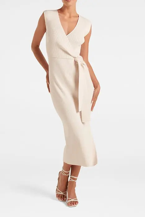 JACINTA EXTENDED SHOULDER HALF WRAP MIDI DRESS CREAM