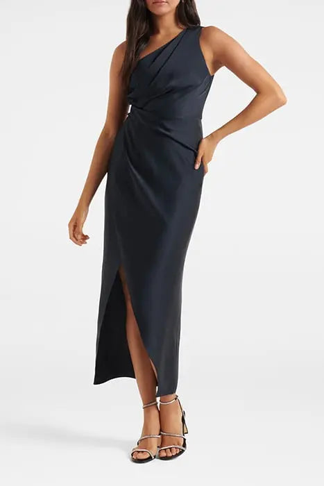 MELISSA ONE SHOULDER SATIN DRESS NAVY