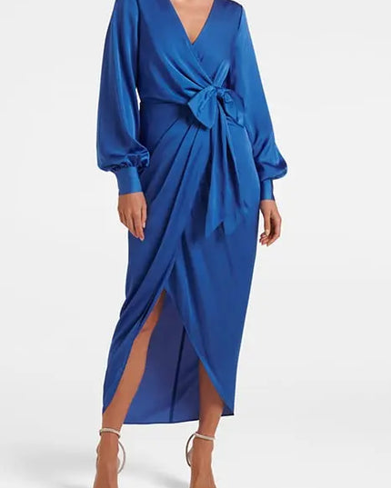 MIRELLA WRAP SATIN MIDI DRESS BLUE ATMOSPHERE