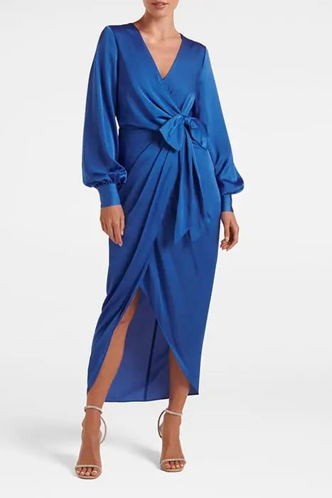 MIRELLA WRAP SATIN MIDI DRESS BLUE ATMOSPHERE