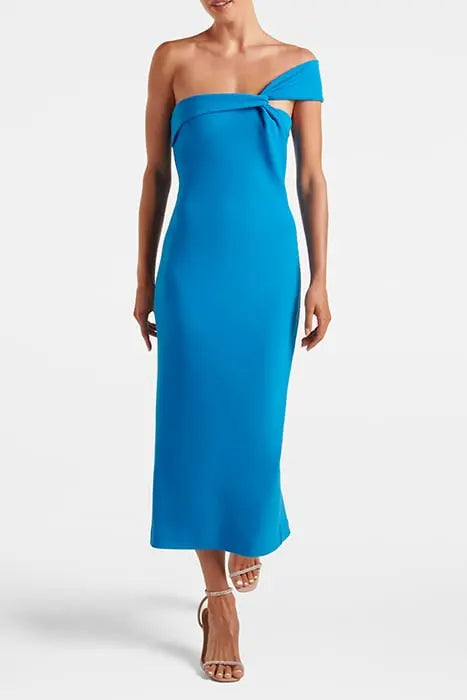 HAYLEE ASYMM NECK BODYCON MIDI BRILLIANT BLUE
