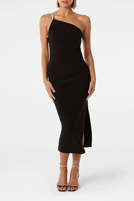JADA EMBELLISHED TRIM MIDI DRESS BLACK