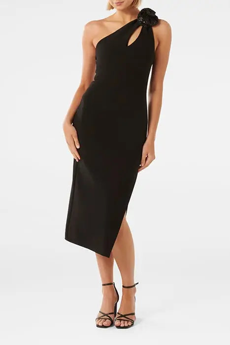 PETAL ONE SHOULDER ROSETTE MIDI BLACK