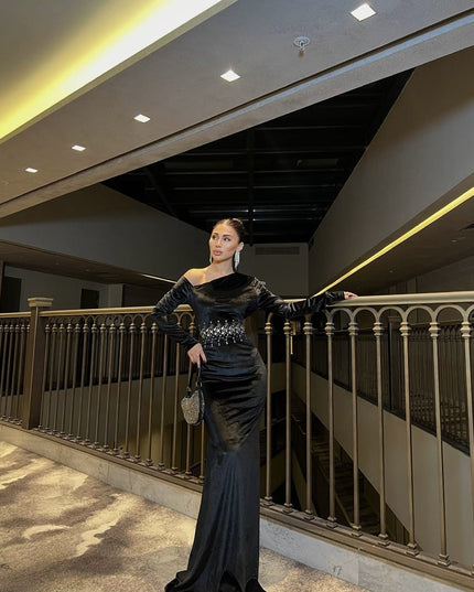 EMBELLISHED OFF SHOULDER VELVET DRESS