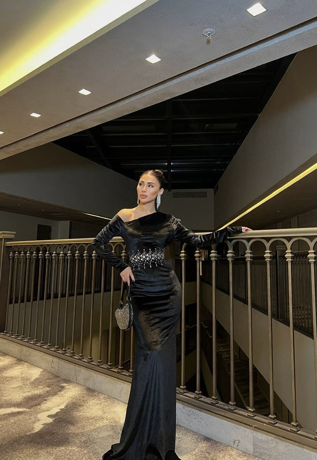 EMBELLISHED OFF SHOULDER VELVET DRESS