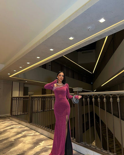MAXI DRESS MADE OF SUBTLE GLITTER FABRIC WITH PEARLS