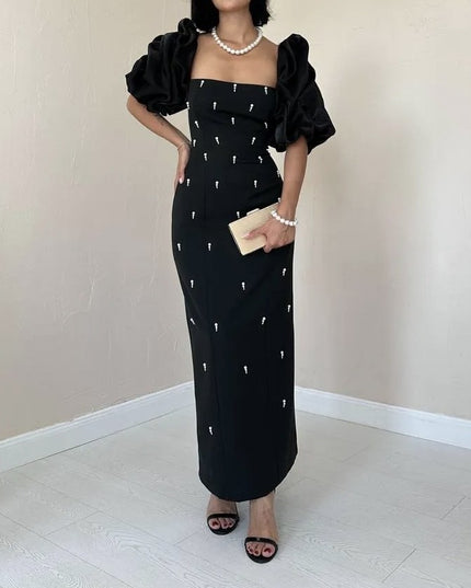 MAXI DRESS WITH PEARLS AND PUFF SLEEVES
