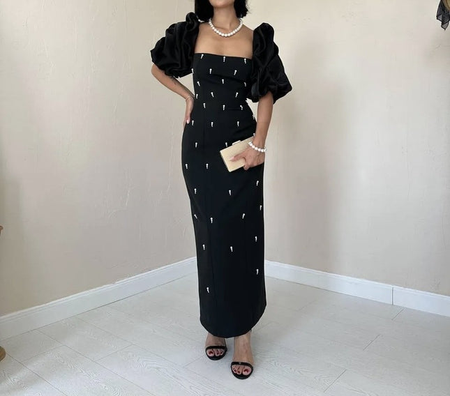 MAXI DRESS WITH PEARLS AND PUFF SLEEVES