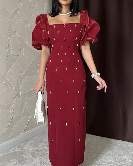MAXI DRESS WITH PEARLS AND PUFF SLEEVES