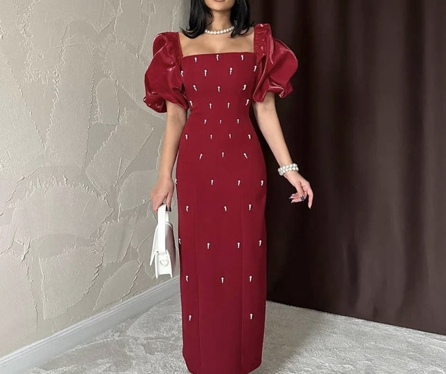 MAXI DRESS WITH PEARLS AND PUFF SLEEVES
