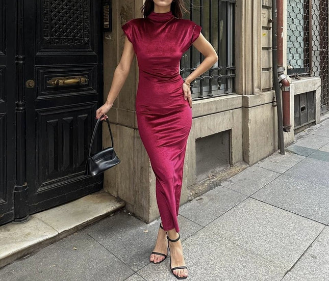 VELVET DRESS WITH PUFF SHOULDERS