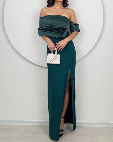 FALLEN SHOULDER DRESS WITH SPLIT