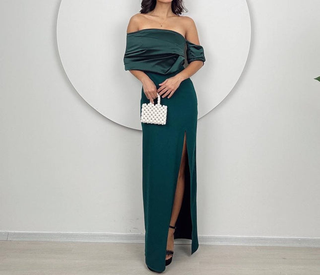 FALLEN SHOULDER DRESS WITH SPLIT