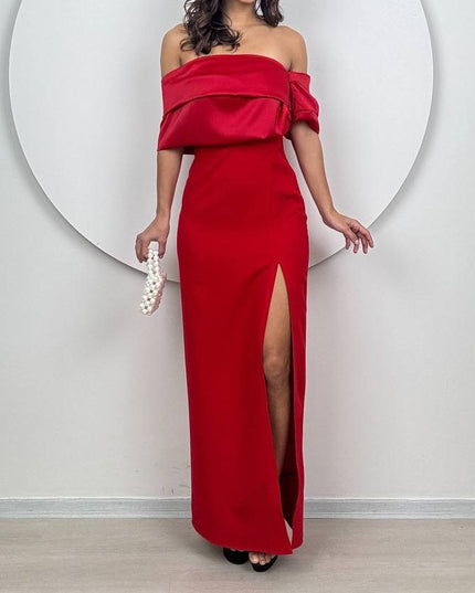 FALLEN SHOULDER DRESS WITH SPLIT