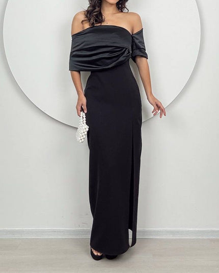 FALLEN SHOULDER DRESS WITH SPLIT