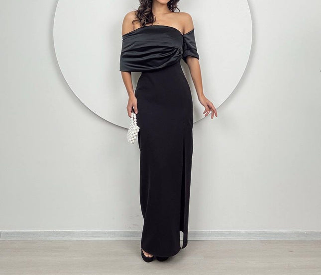FALLEN SHOULDER DRESS WITH SPLIT
