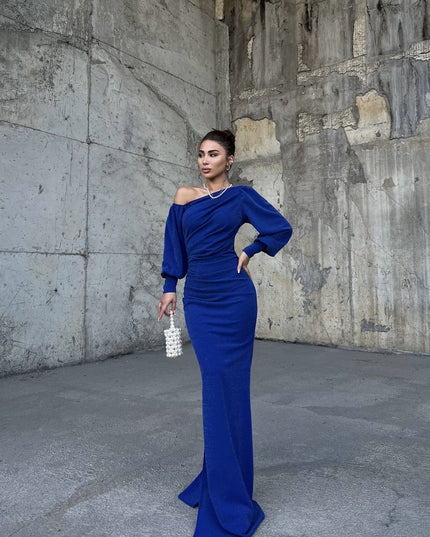 OFF SHOULDER MAXI DRESS MADE OF SUBTLE GLITTER FABRIC