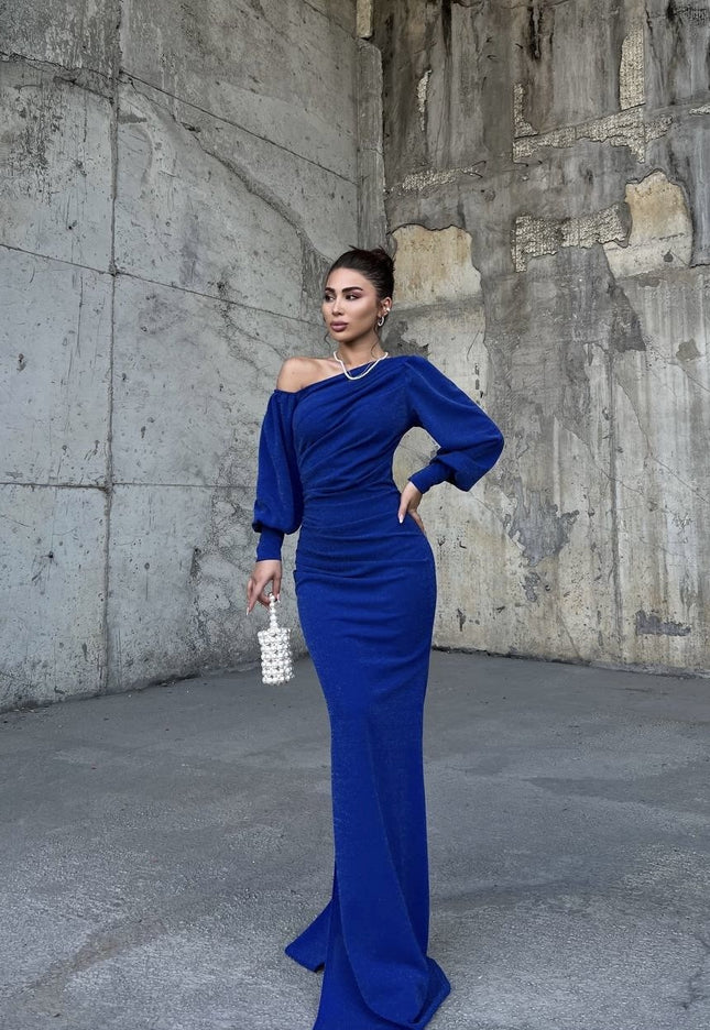 OFF SHOULDER MAXI DRESS MADE OF SUBTLE GLITTER FABRIC