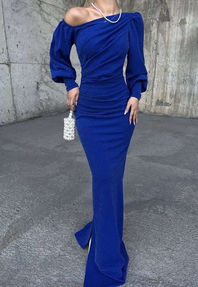 OFF SHOULDER MAXI DRESS MADE OF SUBTLE GLITTER FABRIC