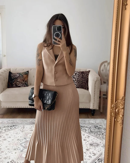 Chique Mouwloos Gilet met Lange Plooirok