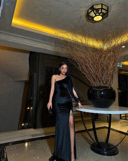 VELVET ONE SHOULDER DRESS WITH CUT-OUT LONG SLEEVE & STONES