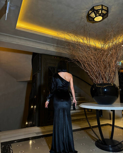 VELVET ONE SHOULDER DRESS WITH CUT-OUT LONG SLEEVE & STONES