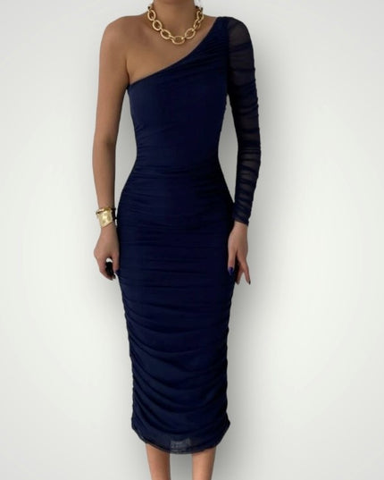 Geplooide one shoulder midi jurk