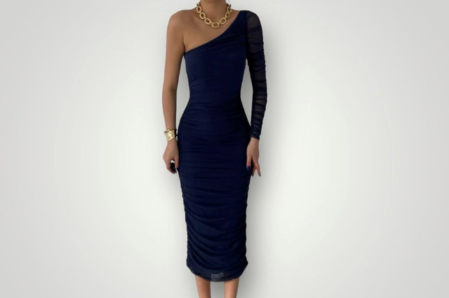 Geplooide one shoulder midi jurk