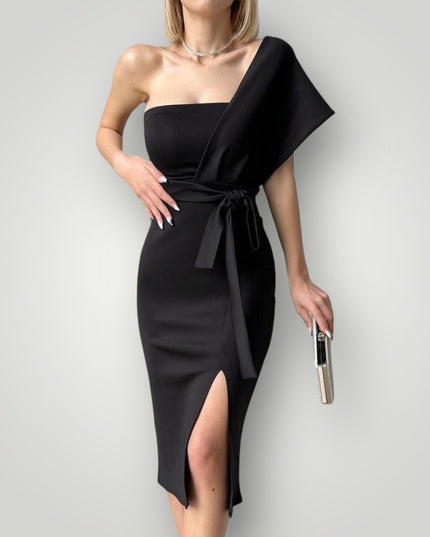 One shoulder midi jurk zwart met split