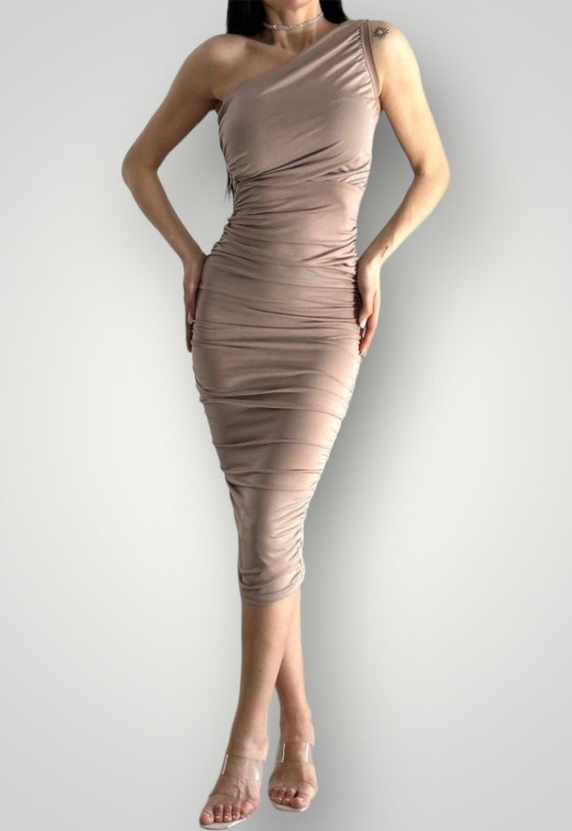 Geplooide one shoulder jurk