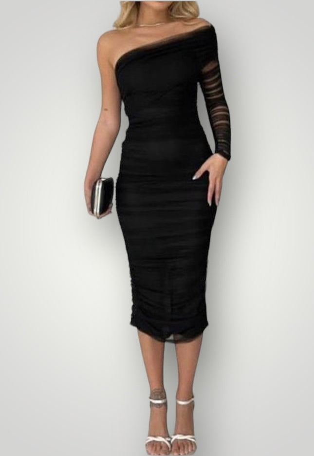 One shoulder midi jurk