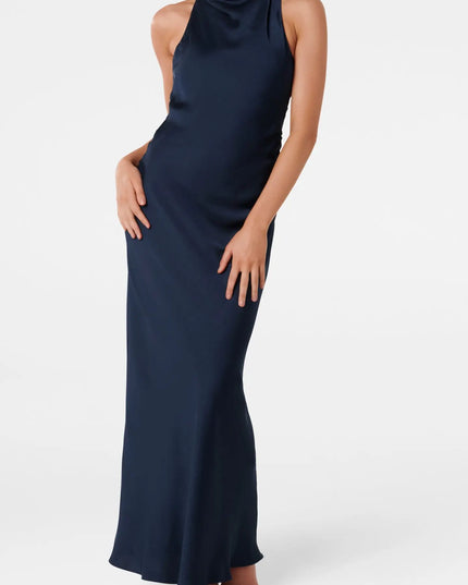 Robe longue en satin MICHELLE dos ouvert bleu marine