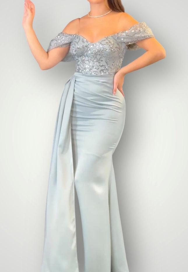 Off shoulder maxi jurk grijs met details